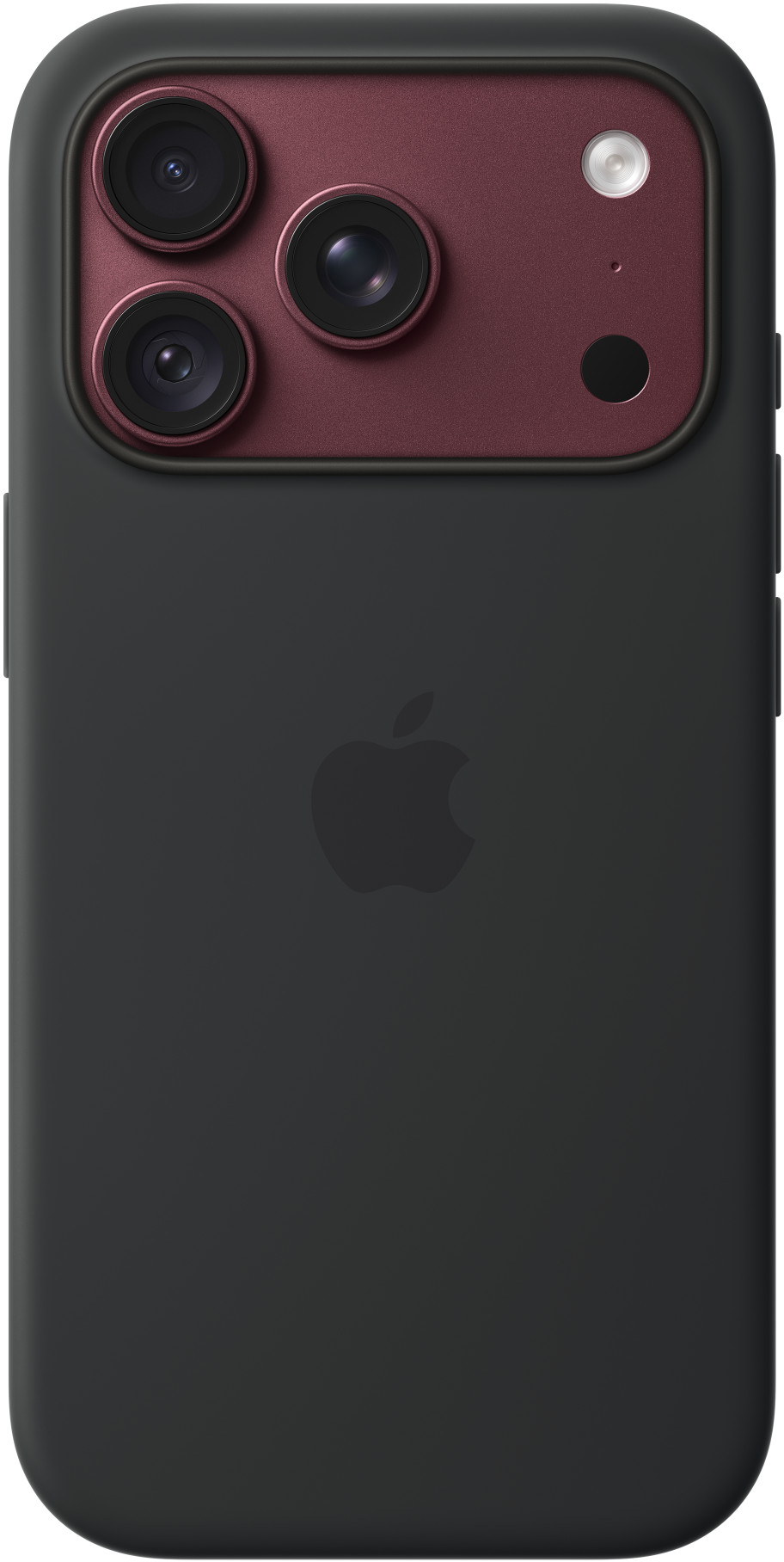 Fekete iPhone hátulja piros kameraszigettel, három lencsével és egy Apple logóval.