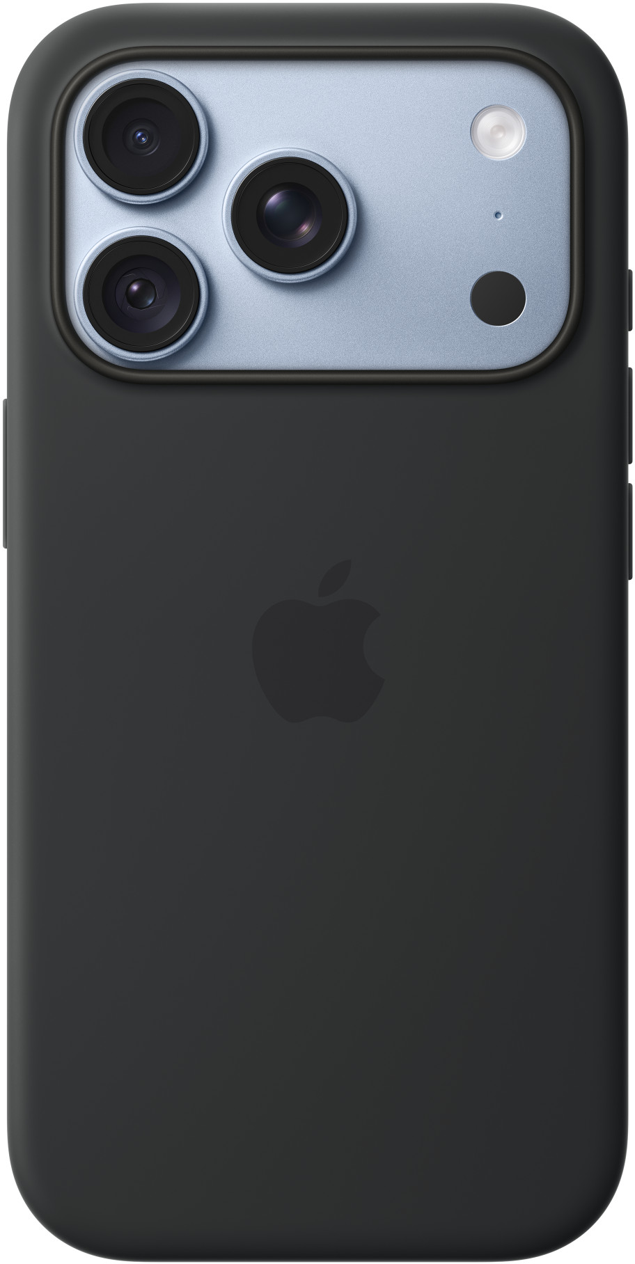 Fekete okostelefon-tok sötét háttérben, három kamerával és az Apple logóval.