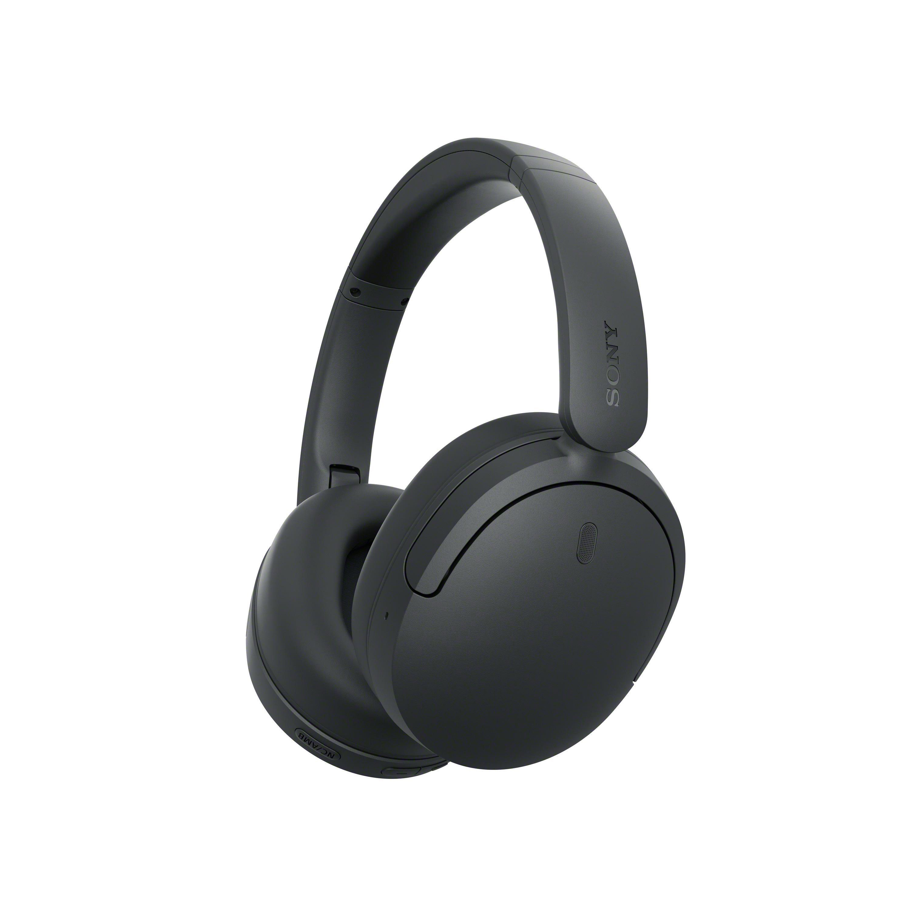 Schwarze kabellose Sony-Over-Ear-Kopfhörer auf weißem Hintergrund.
