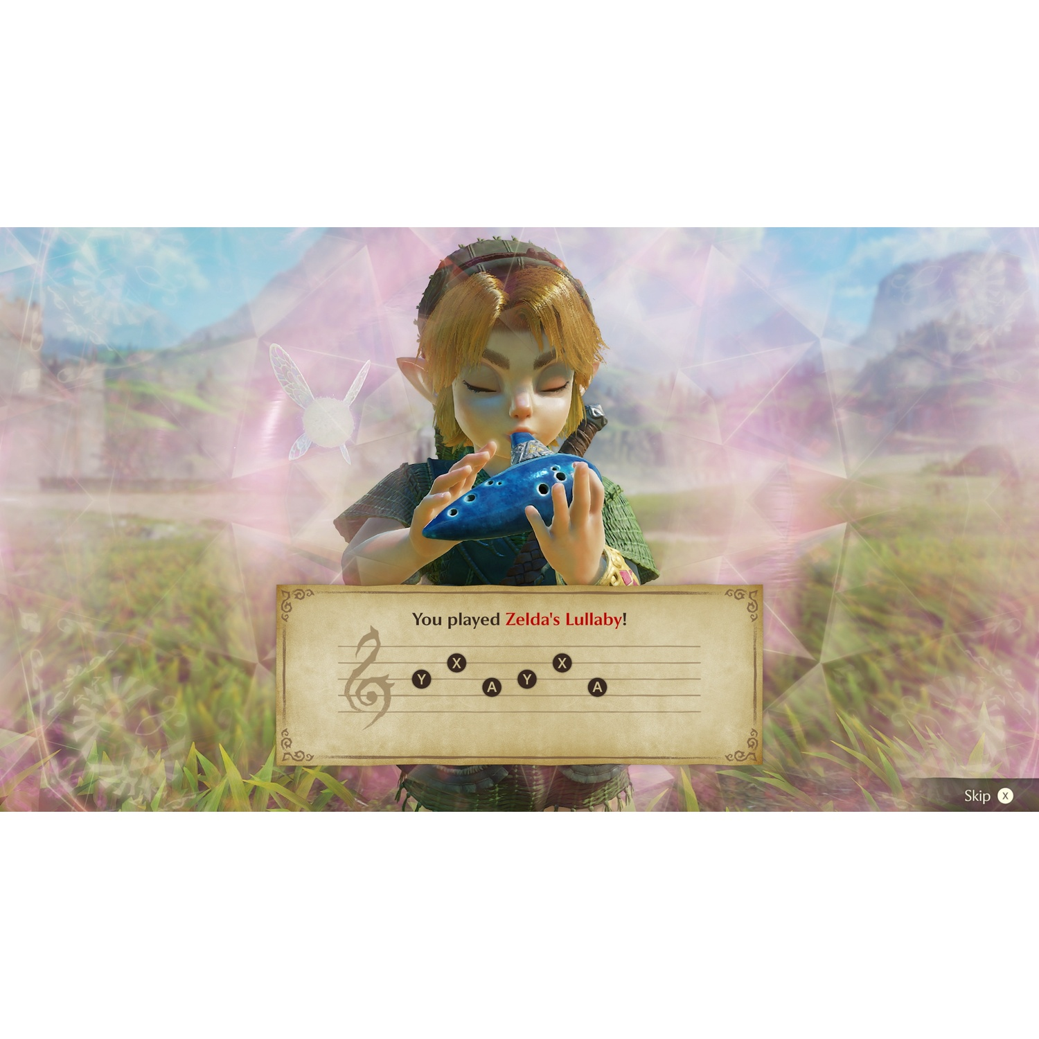 Link bespeelt buiten een blauwe ocarina, vergezeld door een fee en bladmuziek.
