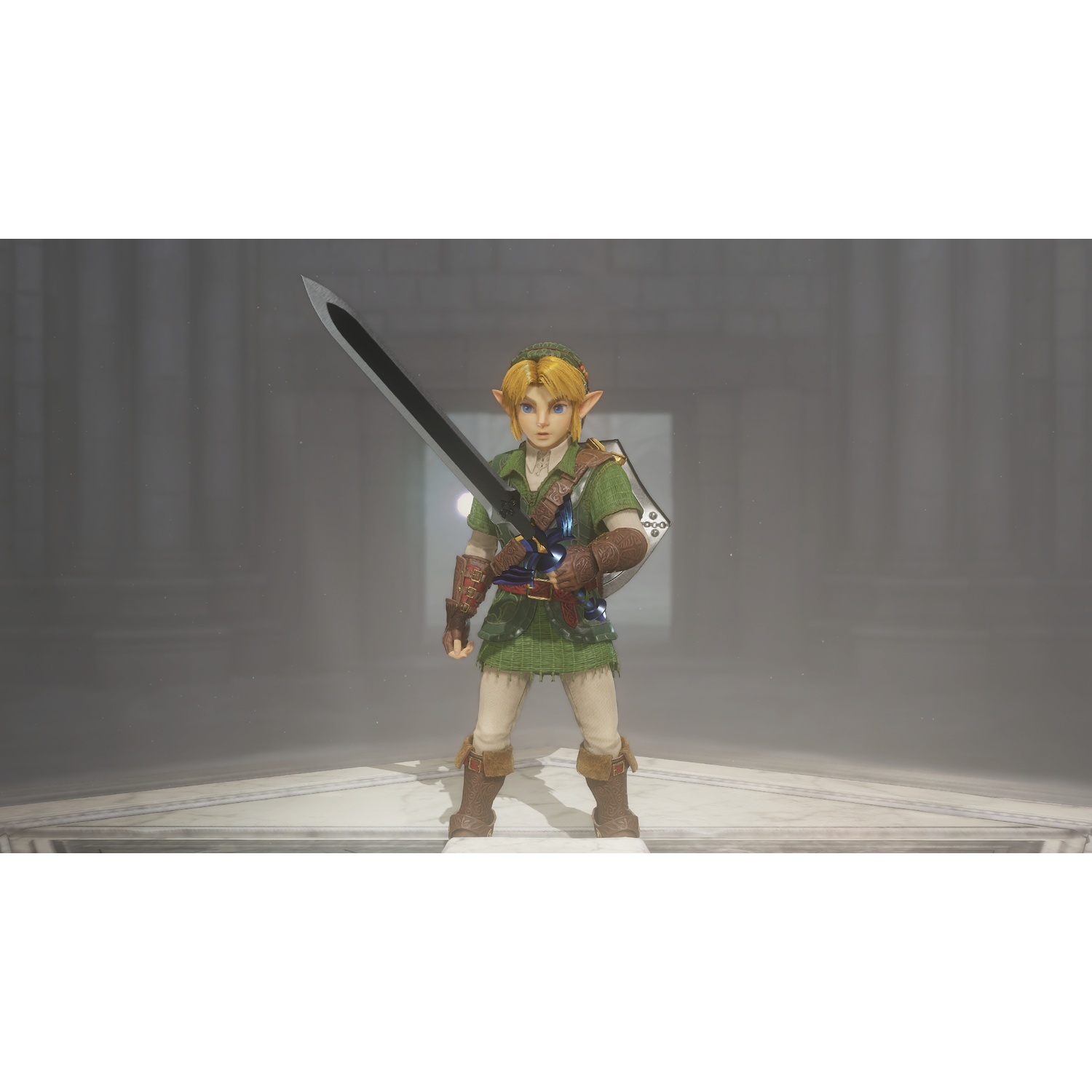 Link uit Zelda staat in groene kleding op een stenen sokkel en houdt een groot zwart zwaard vast.
