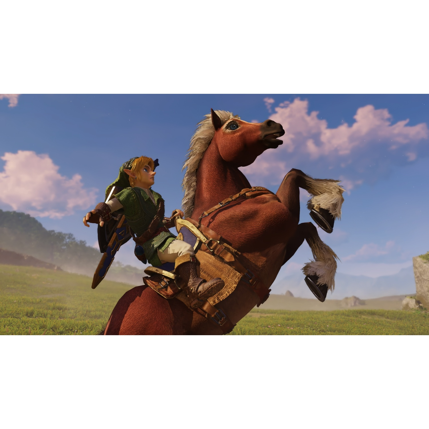Link rijdt op een steigerend paard in een groen landschap onder een blauwe lucht.