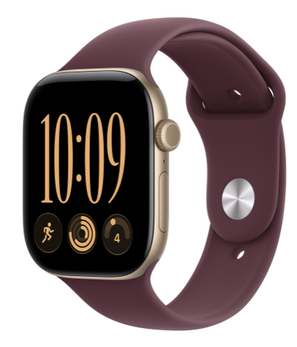 Smartwatch ze złotą kopertą, ciemnoczerwonym paskiem i czarnym wyświetlaczem pokazuje godzinę 10:09.