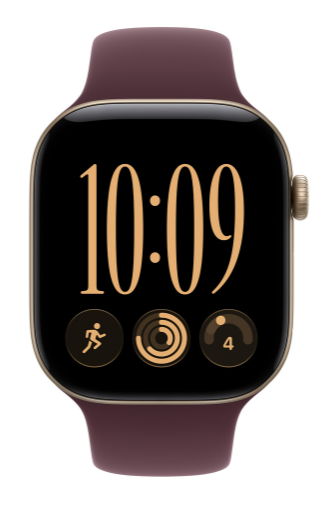Smartwatch z bordowym paskiem i czarnym ekranem wyświetla godzinę 10:09 oraz trzy ikony aplikacji.