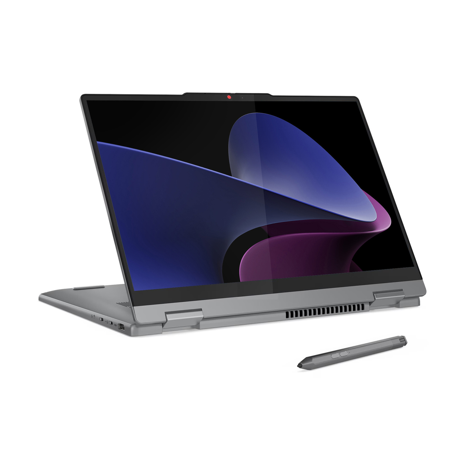 Un computer portatile grigio mostra uno sfondo astratto blu-viola, con una penna stilo coordinata davanti.