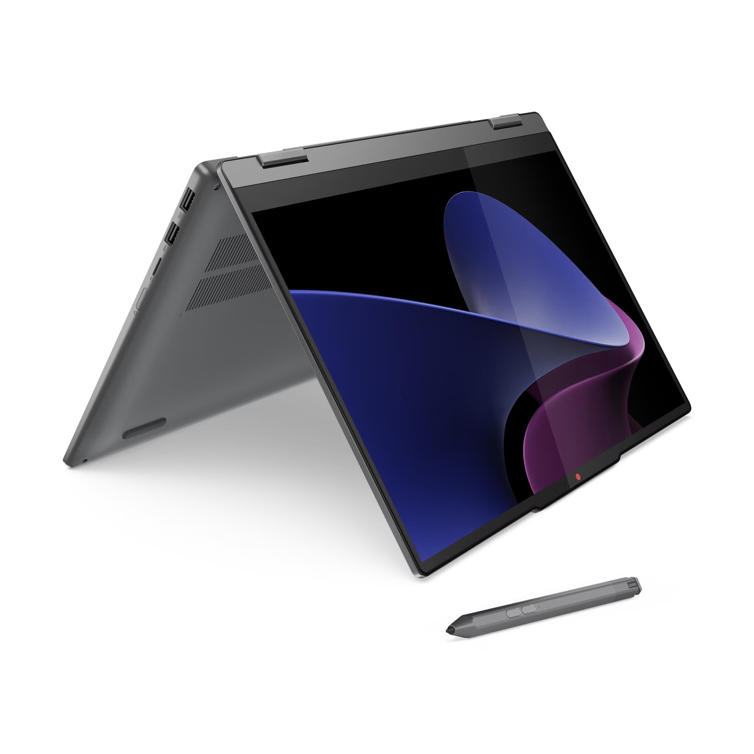 Laptop grigio in modalità tenda con schermo touch e penna stilo digitale su sfondo bianco.