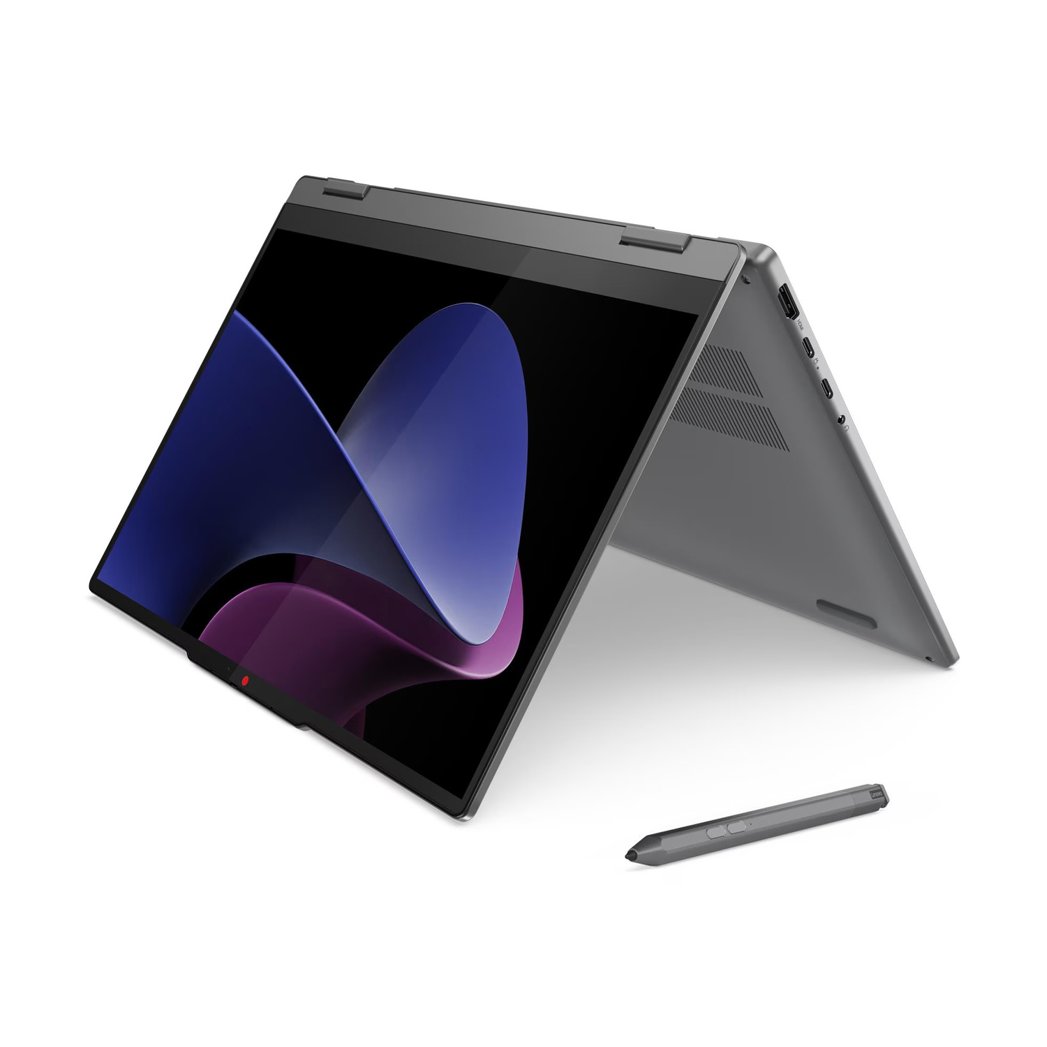 Laptop grigio in modalità tenda con schermo colorato e stilo digitale accanto.