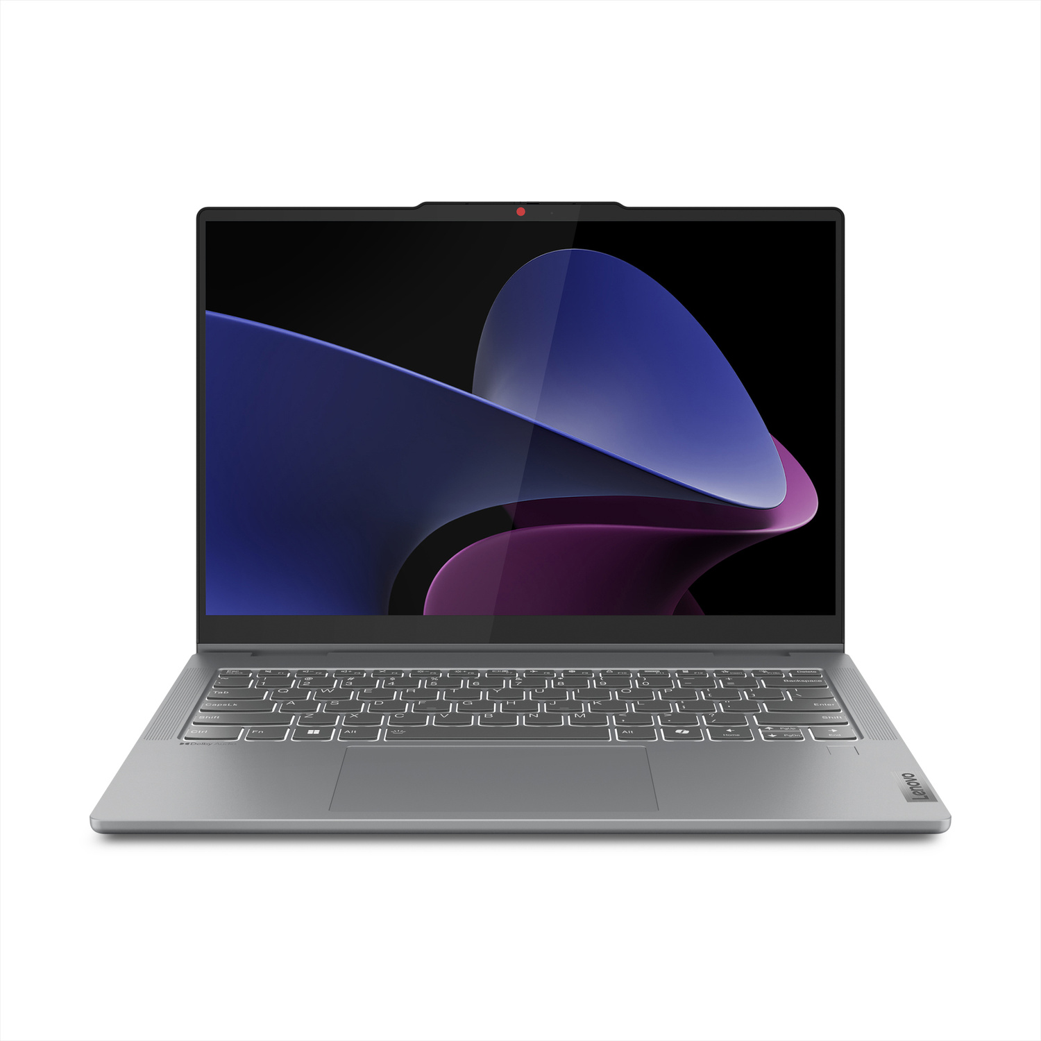 Un laptop argento con schermo nero e grafica astratta blu su sfondo bianco.