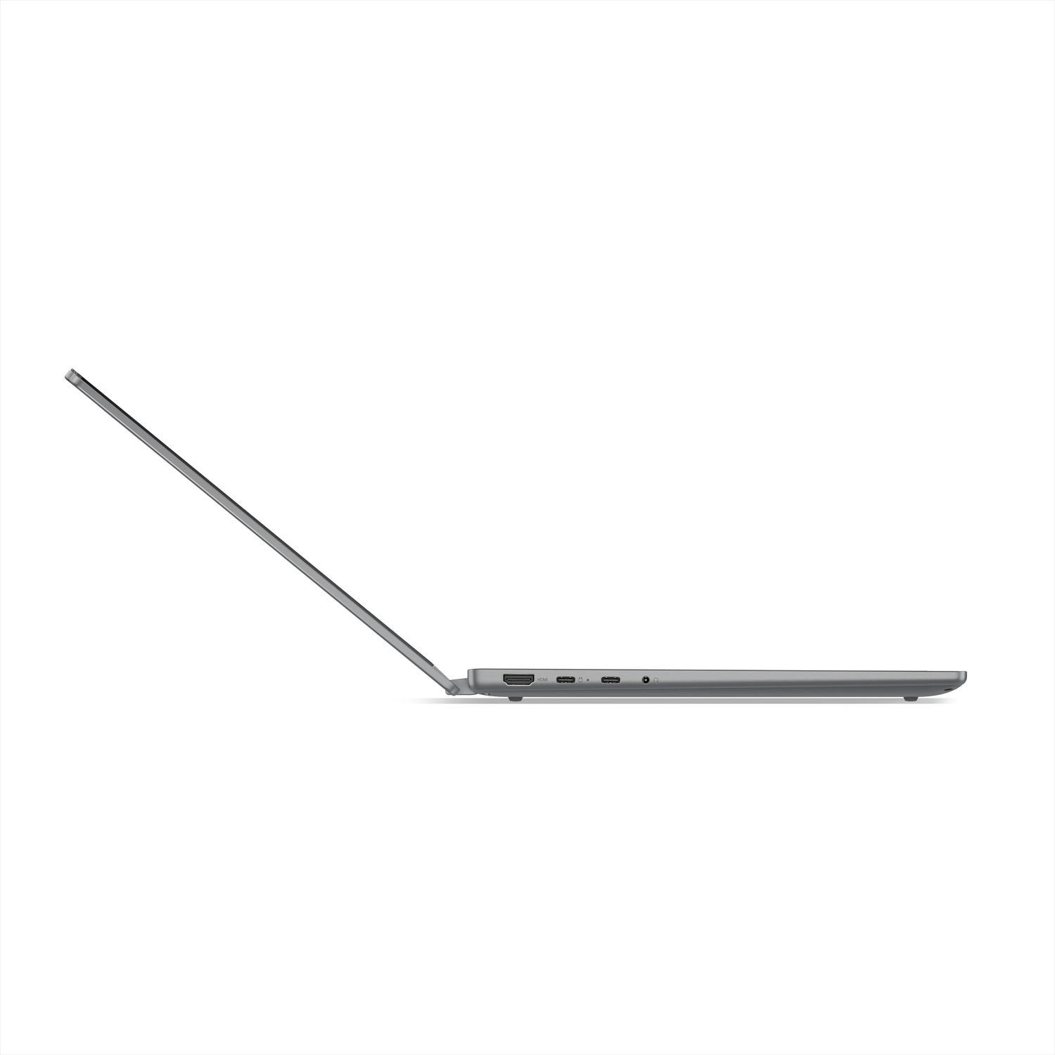 Vista laterale di un laptop grigio sottile con varie porte sul lato destro e uno schermo aperto su sfondo bianco.