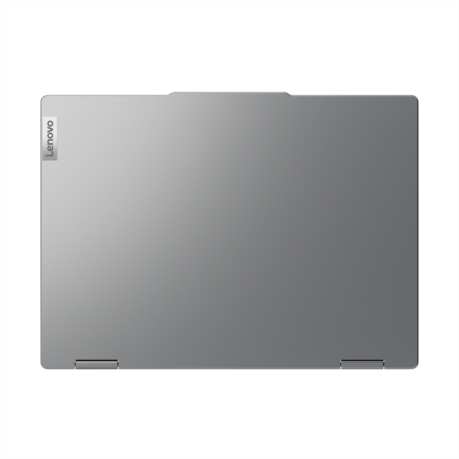 Coperchio di un computer portatile Lenovo grigio chiuso con un piccolo logo in alto a sinistra su sfondo bianco.