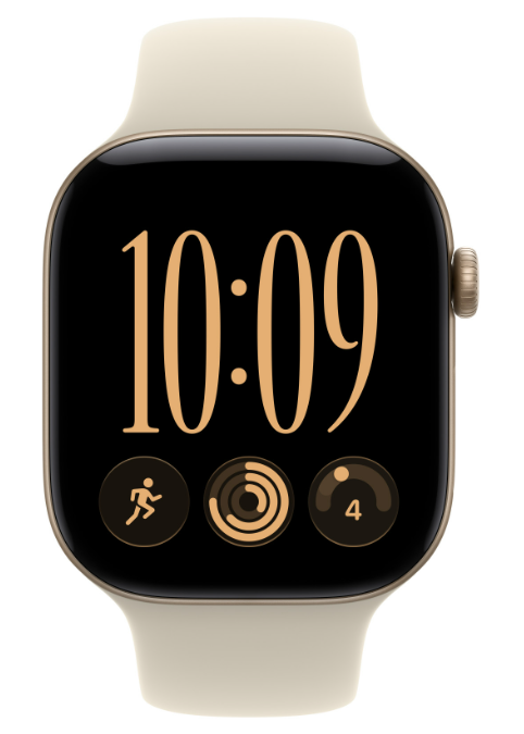 Smartwatch z beżowym paskiem, czarnym ekranem pokazującym 10:09 i trzema ikonami aktywności.