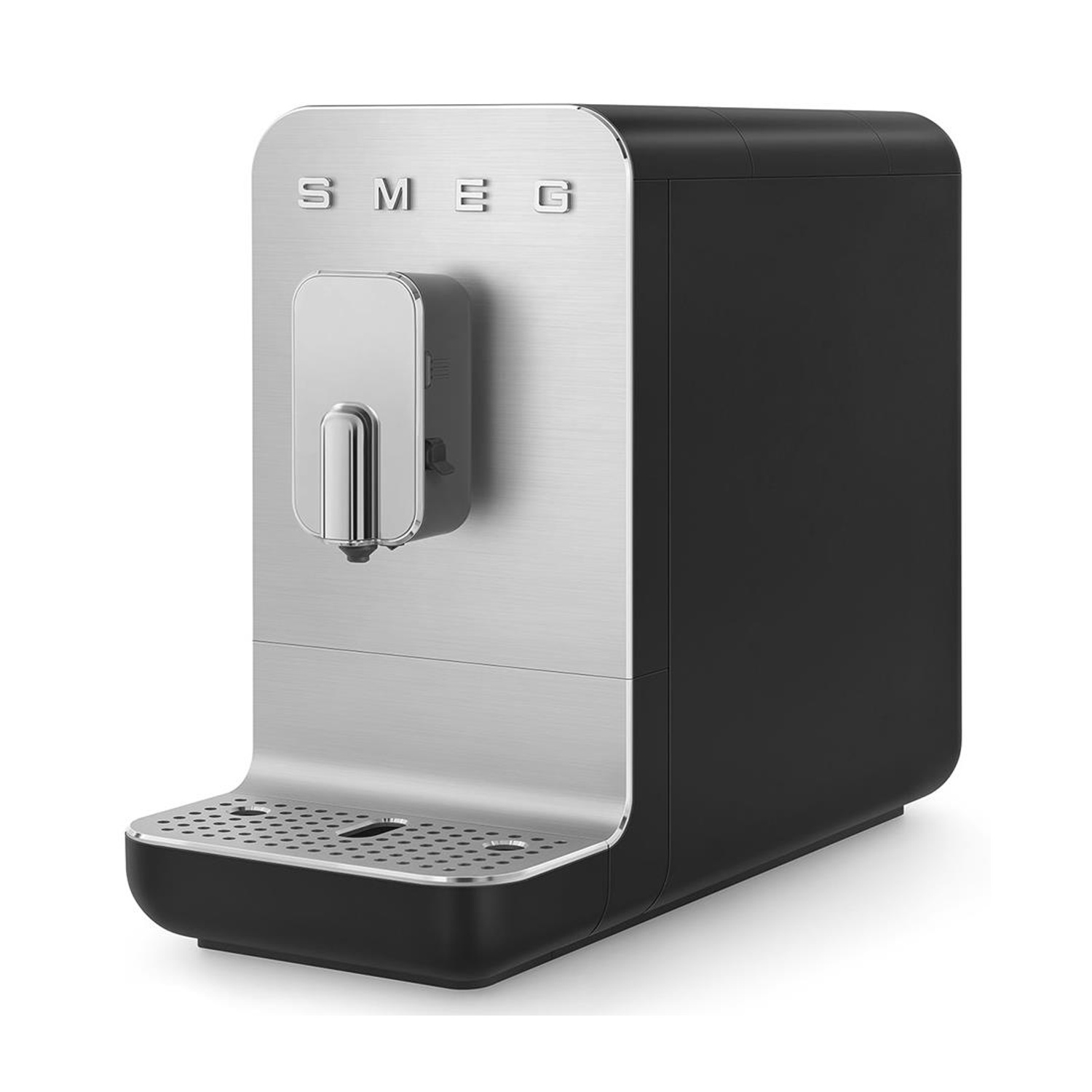 Moderna macchina da caffè Smeg con corpo nero e pannello frontale argento.