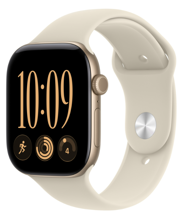 Złoty smartwatch z beżowym silikonowym paskiem wyświetla godzinę 10:09 i ikony fitnessu.