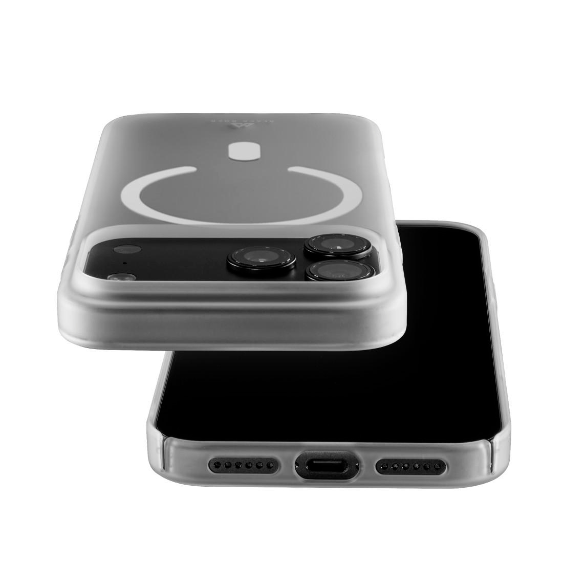Ein Smartphone mit transparenter Schutzhülle schwebt über einem weiteren Telefon, weißer Hintergrund.