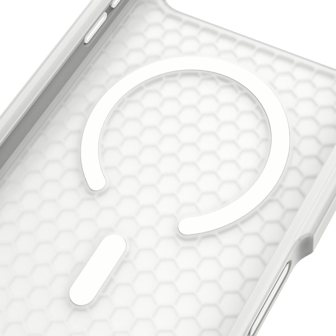 Transparente Handyhülle mit weißem Magnetring und Wabenmuster innen.