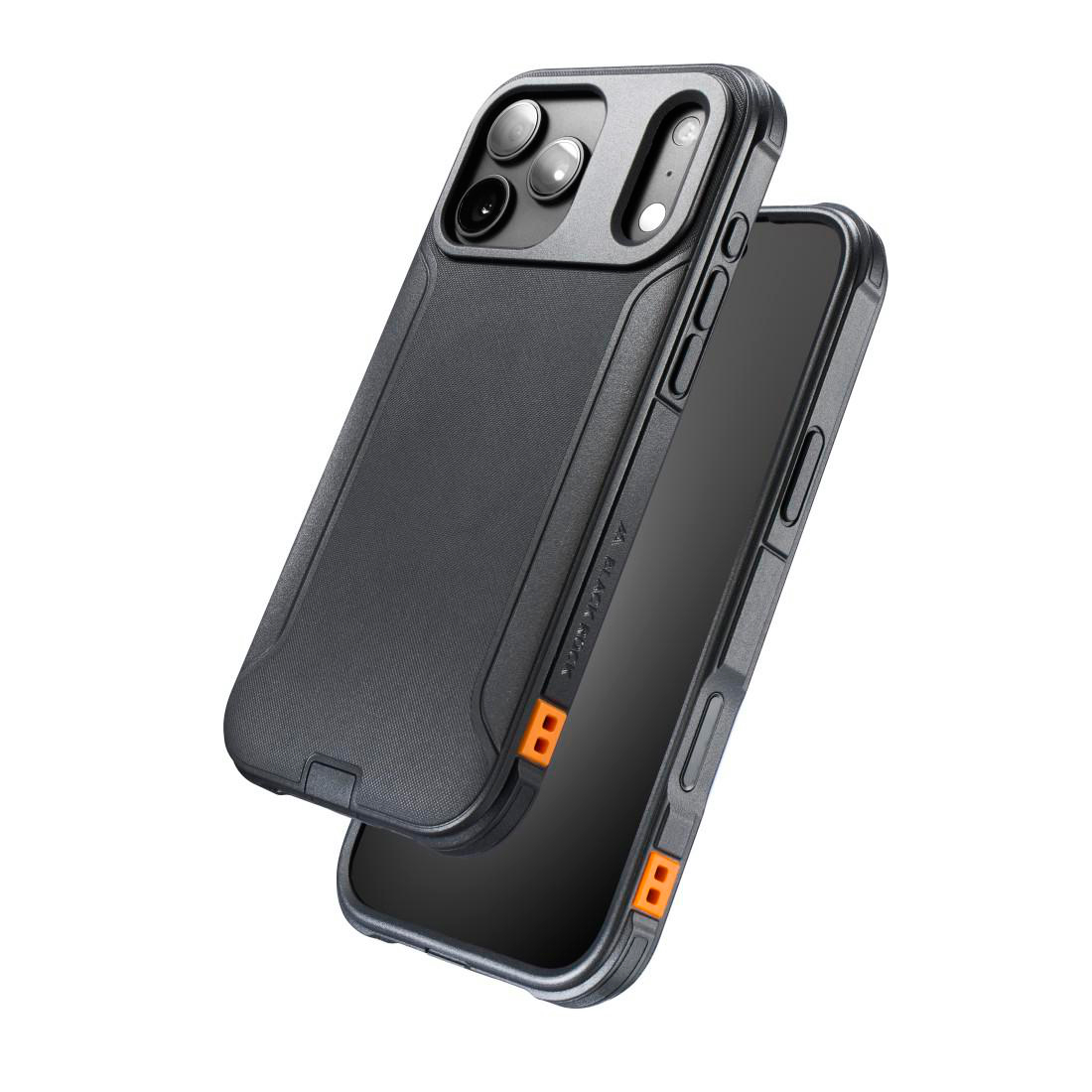 Eine schwarze, robuste Smartphone-Hülle auf weißem Hintergrund mit Kamera-Ausschnitten und Seitentasten.