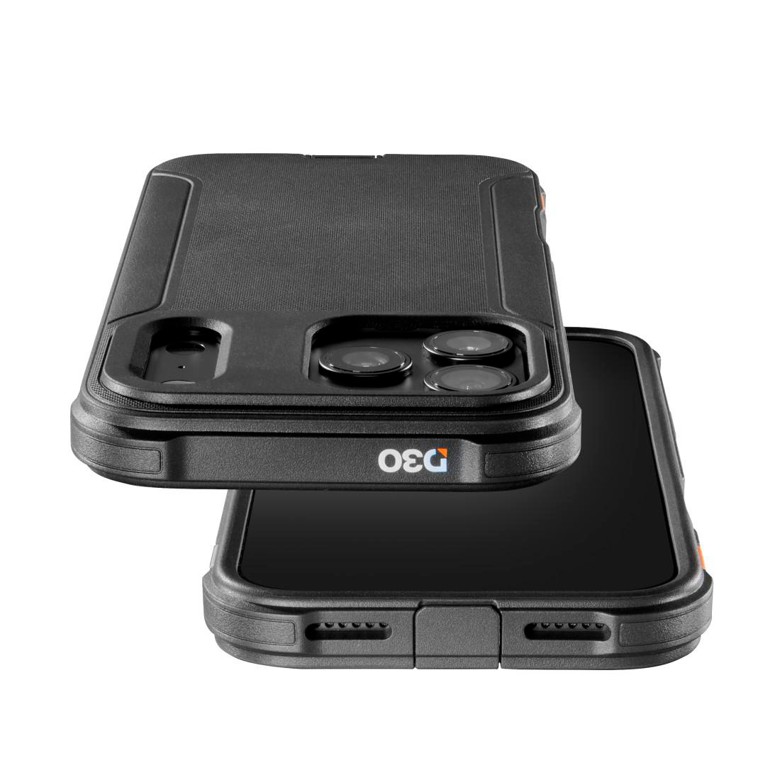 Schwarze Schutzhülle für ein Smartphone mit Kameraaussparung und D3O-Logo.