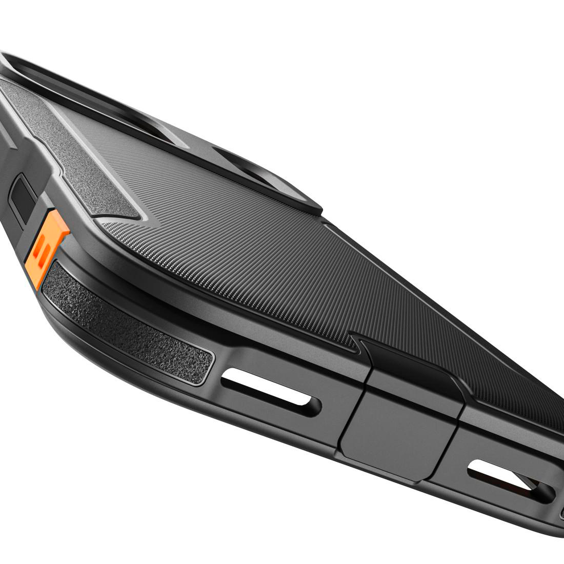 Nahaufnahme einer robusten, schwarzen Smartphone-Hülle mit strukturierten Rändern und einem kleinen orangefarbenen Akzent.