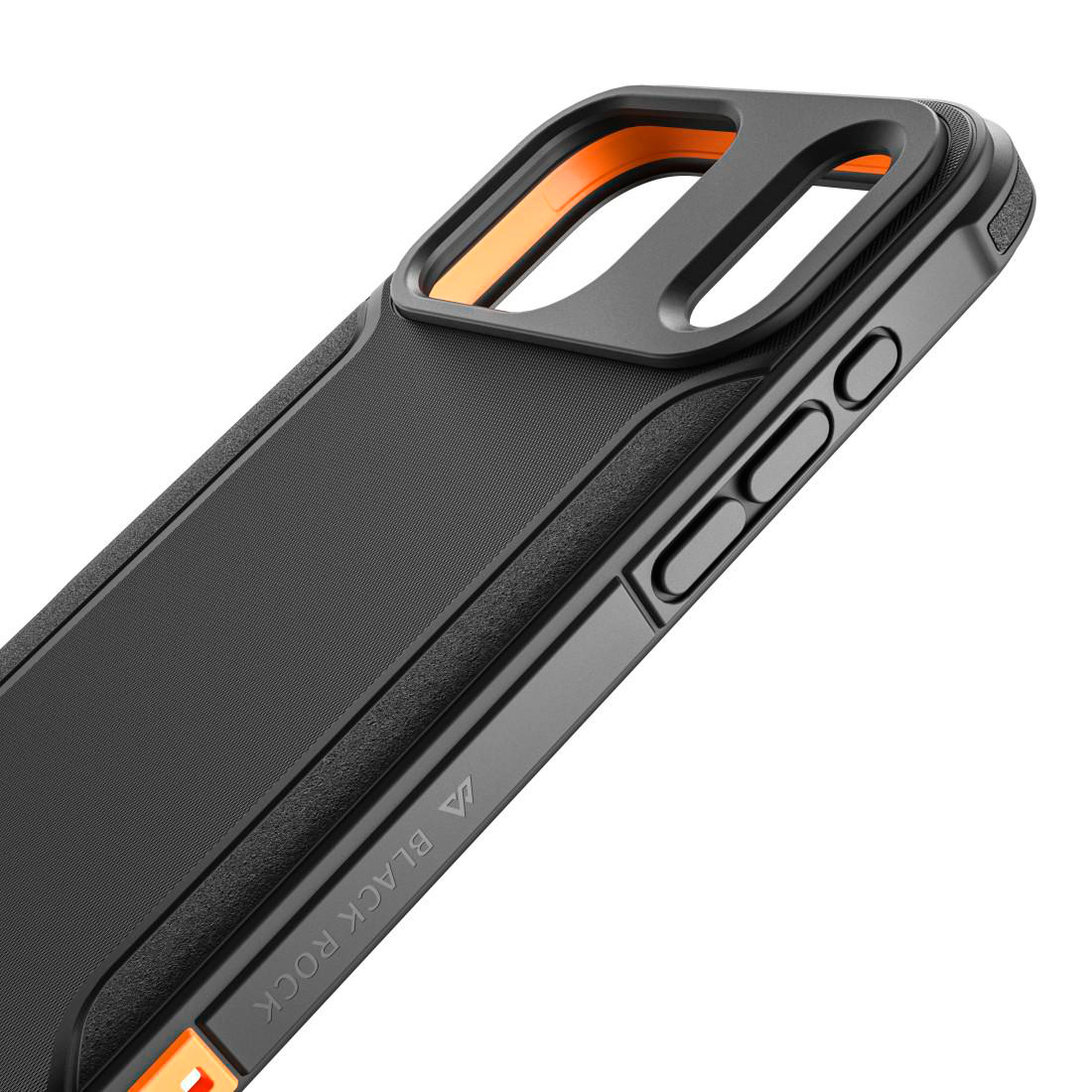 Eine schwarze und orangefarbene Schutzhülle mit Kameraausschnitten und dem Black Rock Logo.