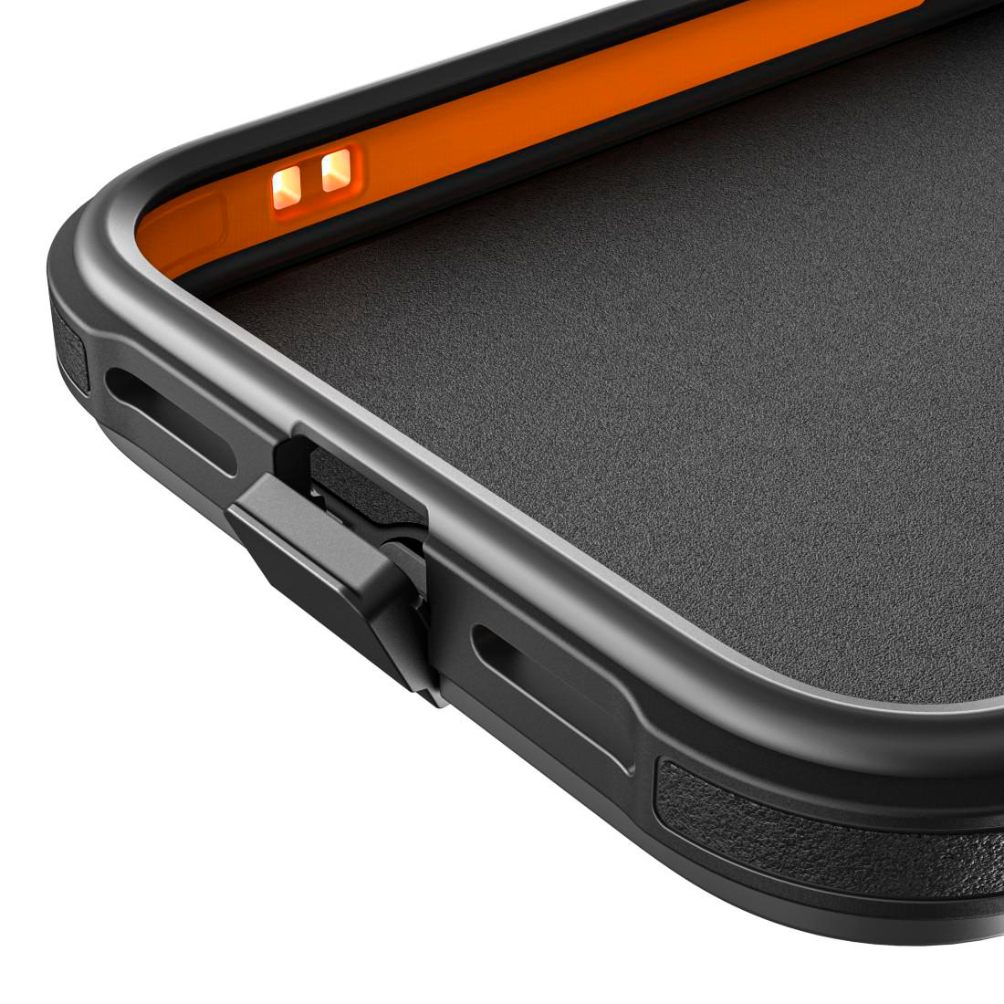Nahaufnahme einer schwarzen Schutzhülle mit orangefarbenem Akzent für ein Mobiltelefon.