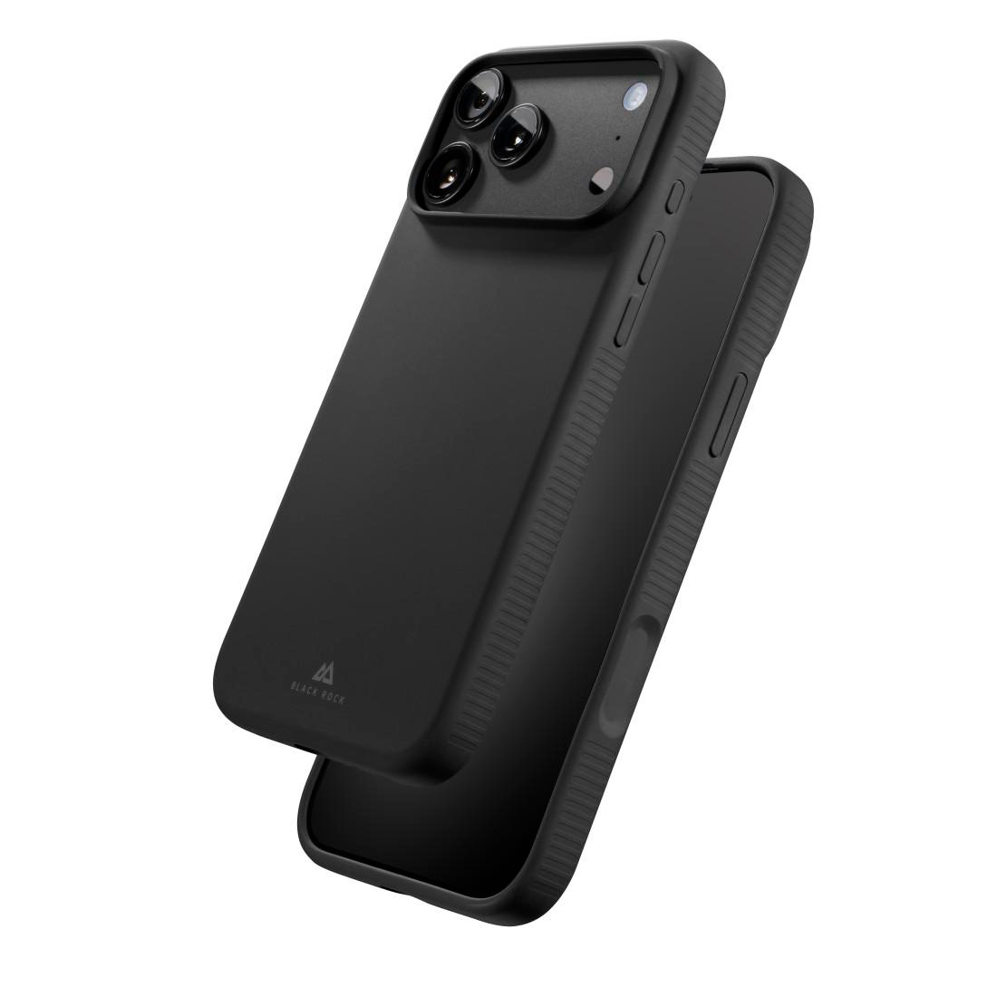 Schwarze Smartphone-Hülle auf einem schwarzen Smartphone, gegen einen hellen Hintergrund.