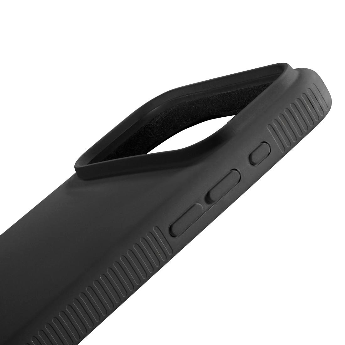 Eine matte schwarze Handyhülle mit integrierten Tasten und gerippten Seiten auf weißem Hintergrund.