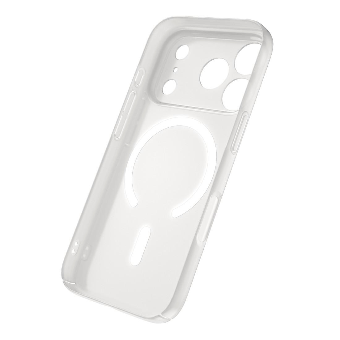 Transparente Handyhülle mit MagSafe-Ring und Kameraausschnitt auf weißem Hintergrund.