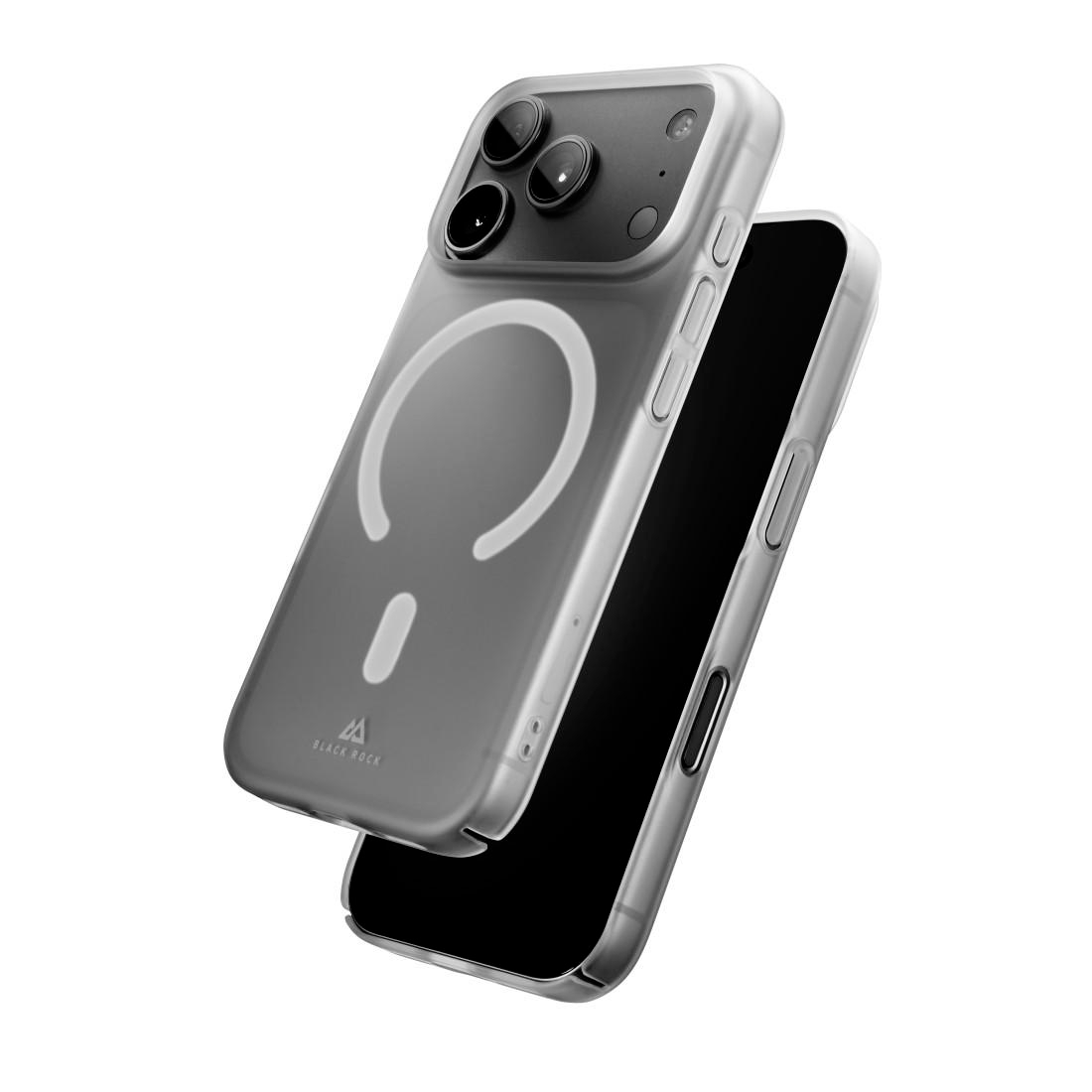 Ein Smartphone in einer matten, halbtransparenten Schutzhülle mit MagSafe-Ring.
