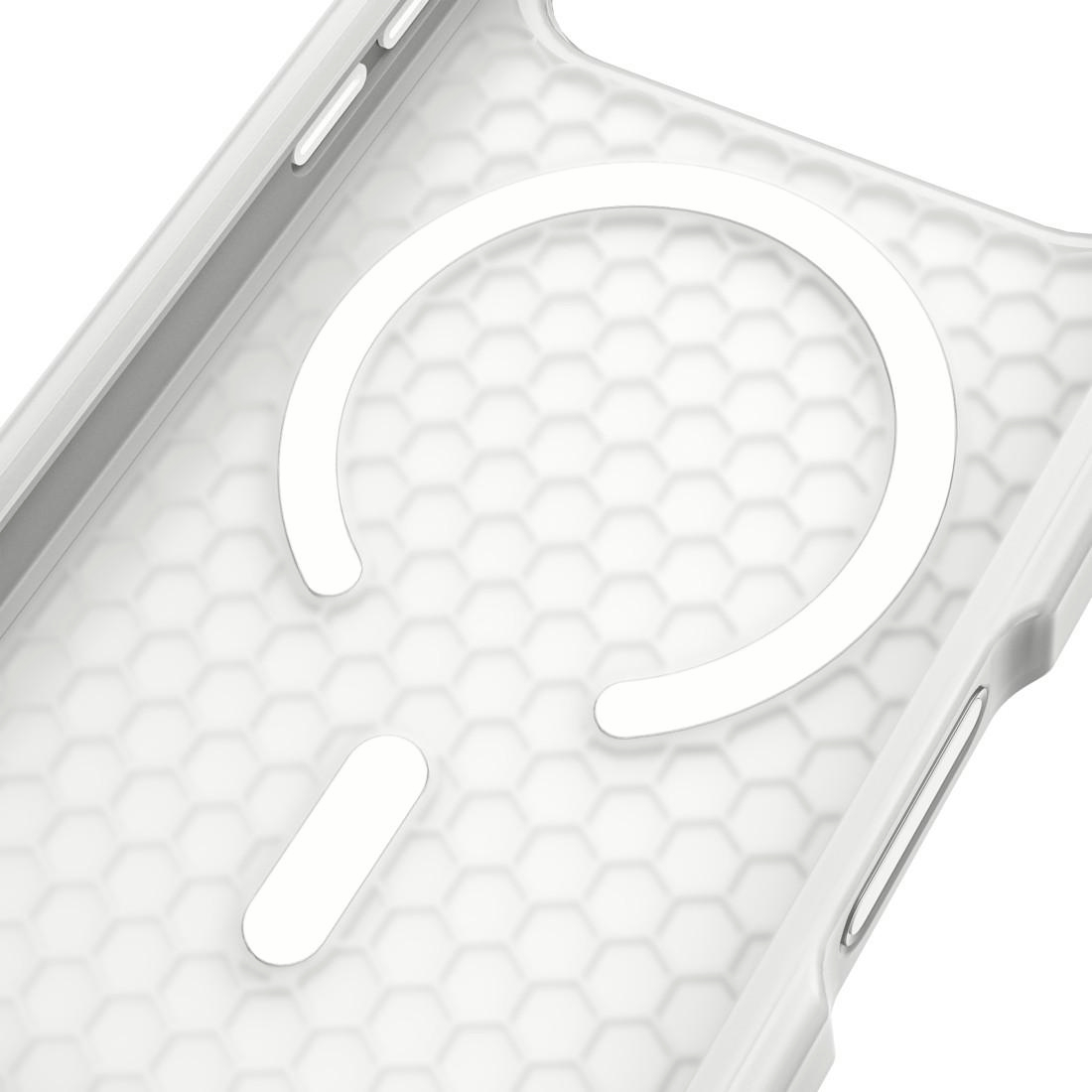Transparente Handyhülle mit weißem Ring und Wabenmuster innen.
