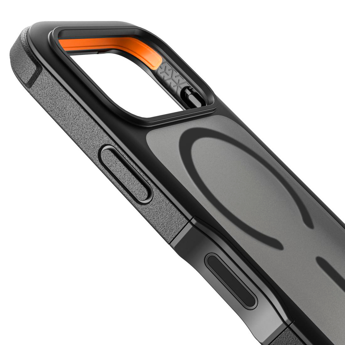 Schwarze Schutzhülle für Smartphones mit orangen Akzenten und Knöpfen an der Seite.