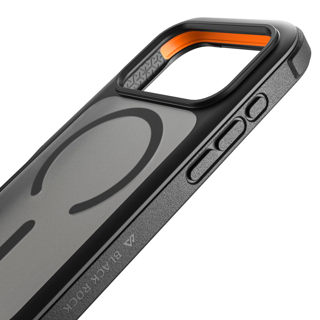 Schwarze Black Rock Smartphone-Hülle mit orangen Akzenten und Knöpfen an der Seite.