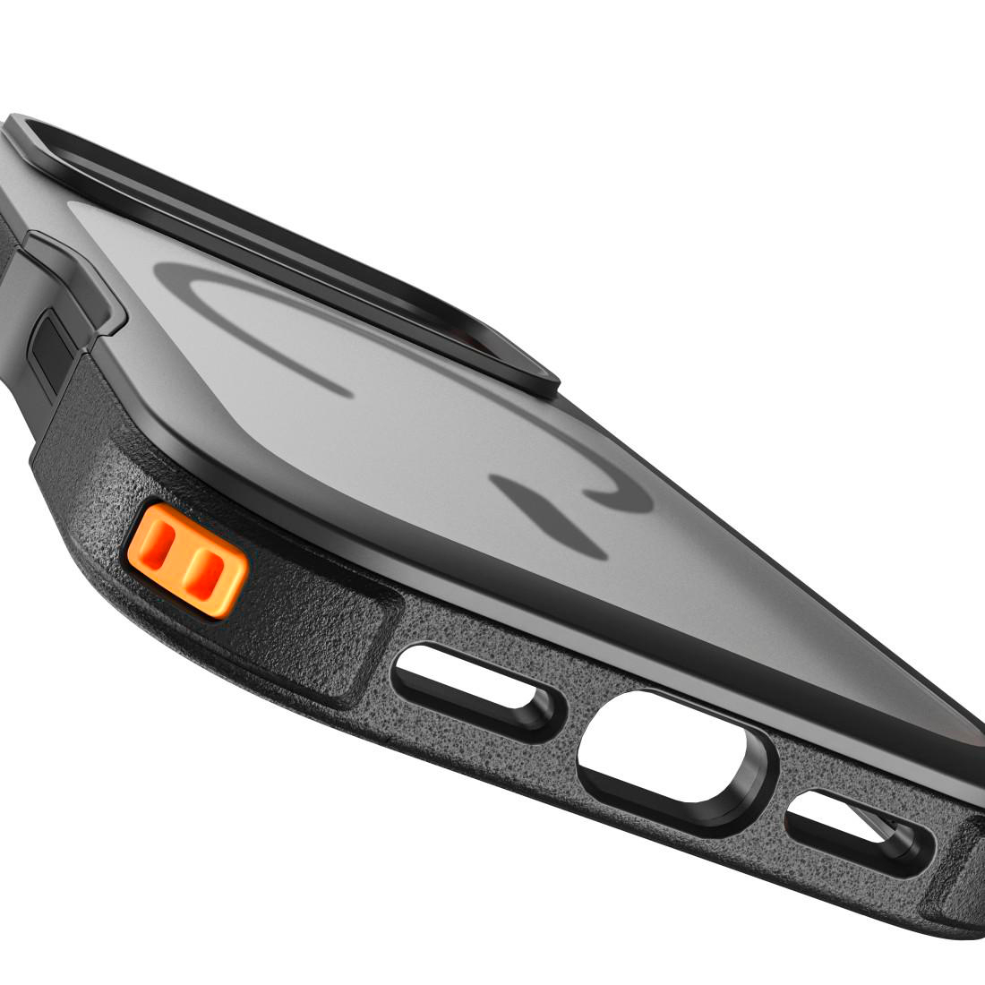 Seitenansicht einer schwarzen Smartphone-Schutzhülle mit markanten Tasten, darunter orangefarbene Tasten.
