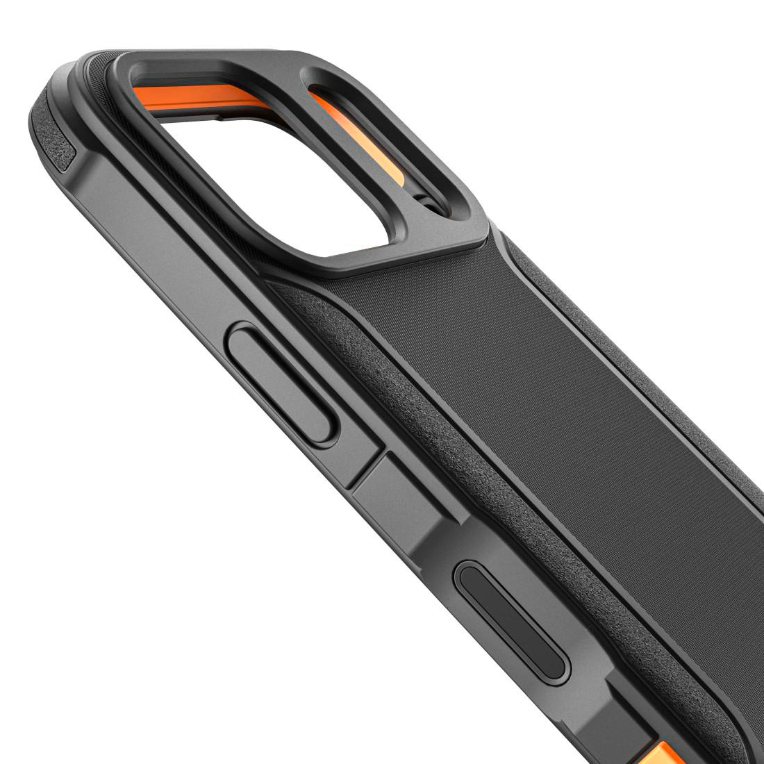 Schwarze Schutzhülle mit orangen Akzenten, Tasten und Kameraausschnitt.