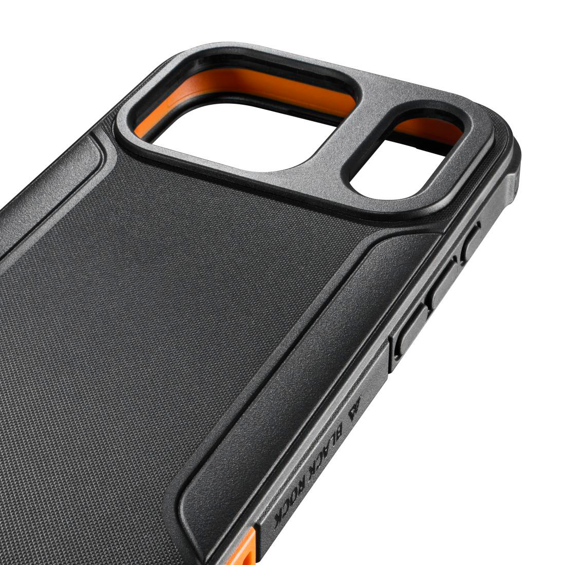 Schwarze und orangefarbene Smartphone-Schutzhülle im Detail.