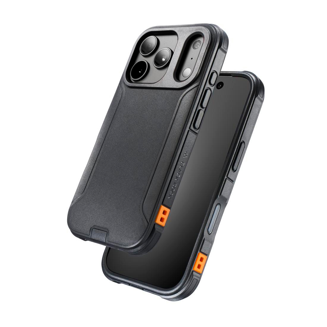 Schwarze Schutzhülle für Smartphones mit orangen Details und robustem Design.