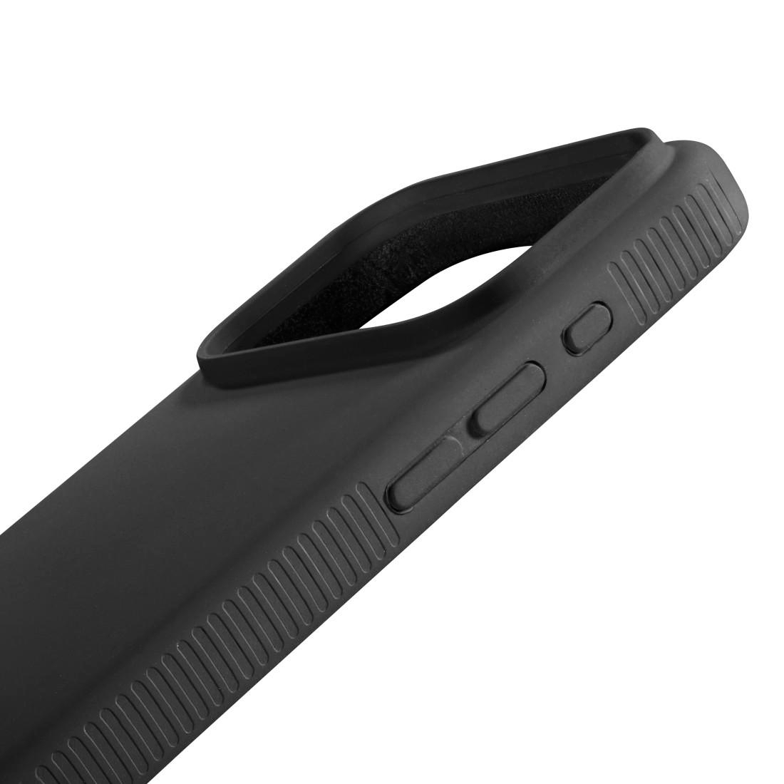 Eine schwarze Smartphone-Hülle mit strukturierten Griffen und Tastenabdeckungen auf weißem Hintergrund.
