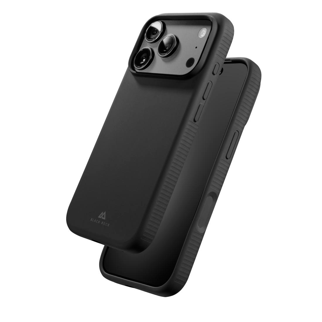 Ein schwarzes Smartphone in einer matten schwarzen Schutzhülle mit sichtbaren Kameralinsen und Tasten.