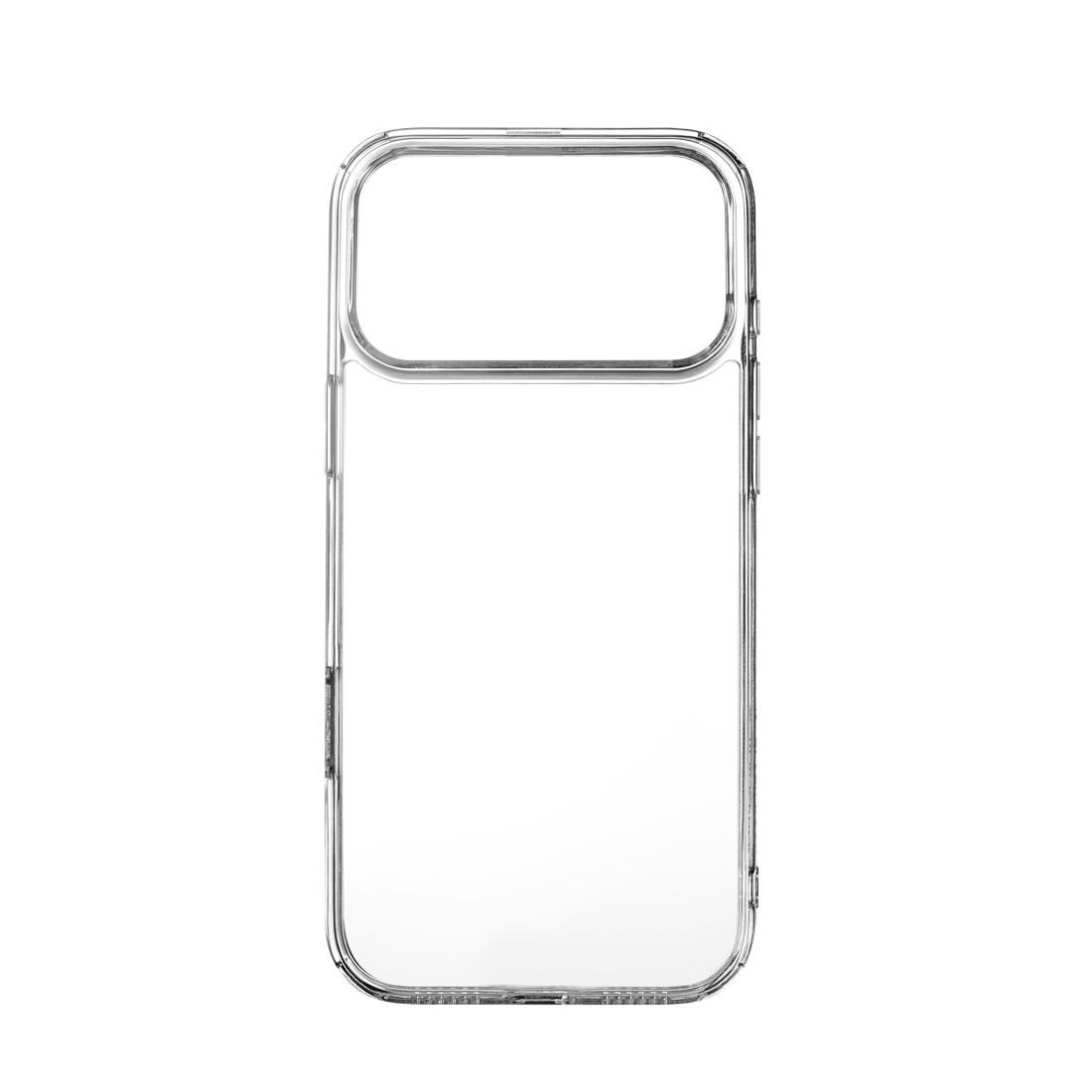 Eine transparente Handyhülle mit Ausschnitten für Tasten und Kamera auf weißem Hintergrund.