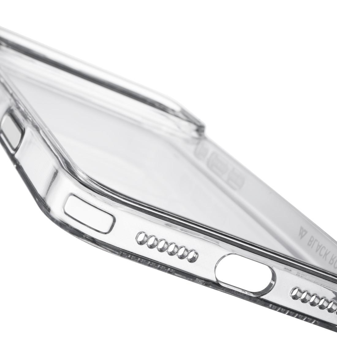 Eine Nahaufnahme einer transparenten Smartphone-Hülle zeigt Lautsprecheröffnungen und Aussparungen.