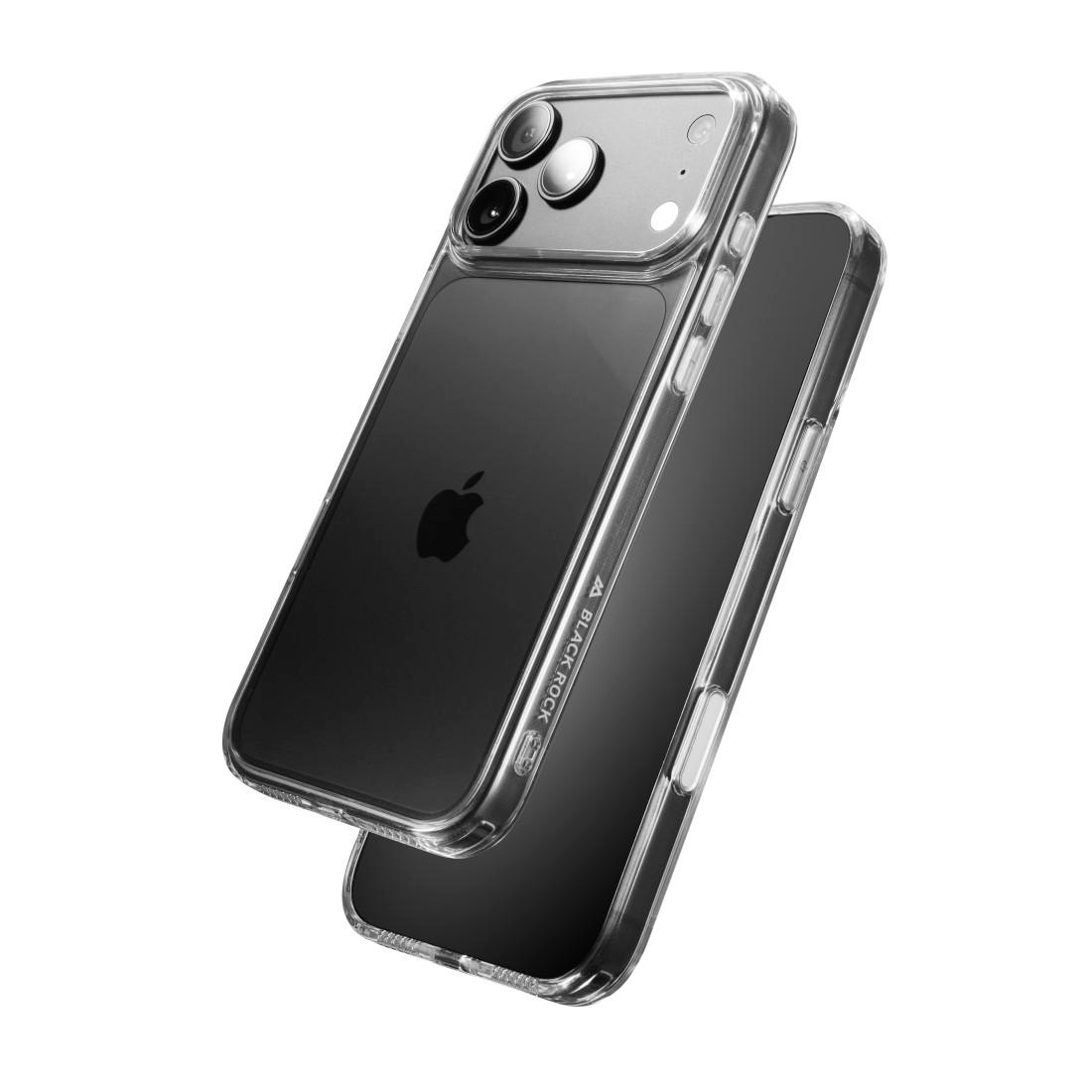 Ein schwarzes Smartphone in einer klaren Schutzhülle vor weißem Hintergrund.