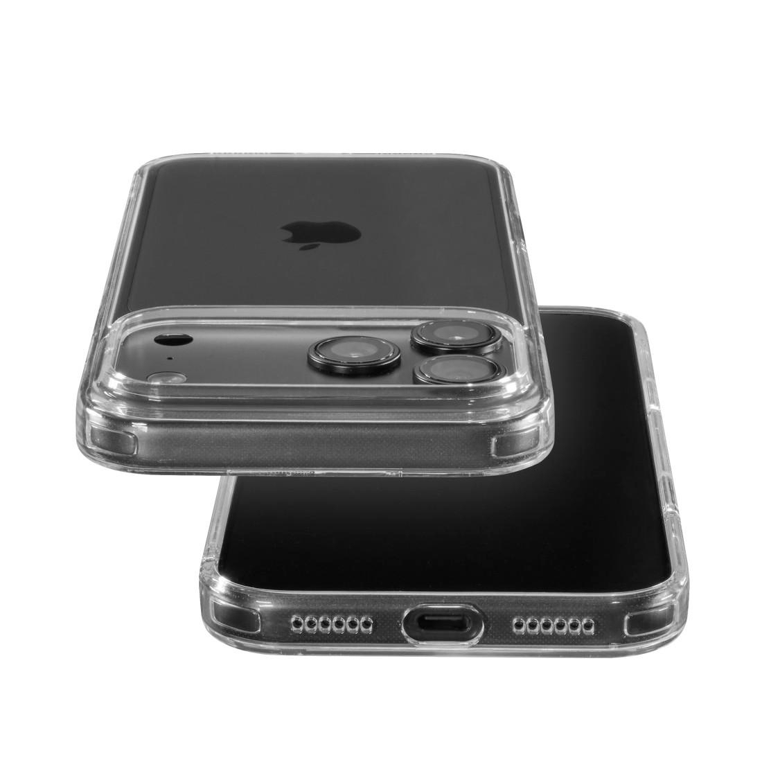 Zwei schwarze iPhones in klaren Schutzhüllen auf weißem Hintergrund.