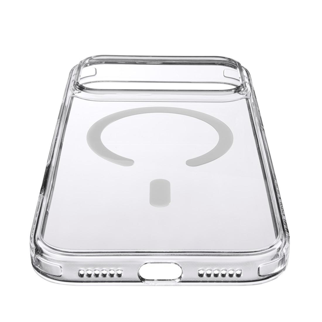 Eine transparente Smartphone-Hülle mit einem kreisförmigen magnetischen Ladering und Aussparungen unten.