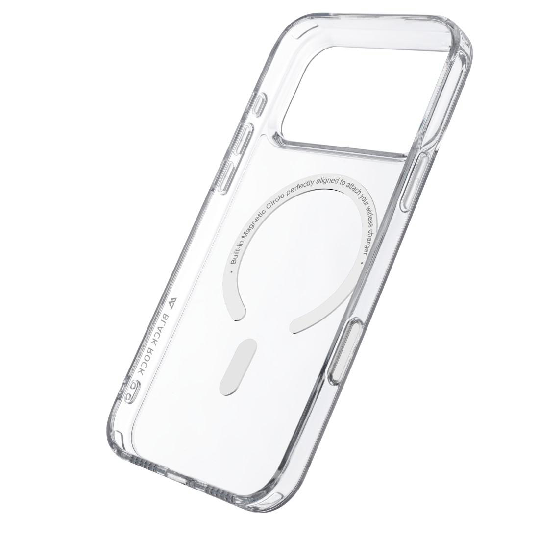 Transparente Handyhülle mit integriertem Magnetkreis auf weißem Hintergrund.