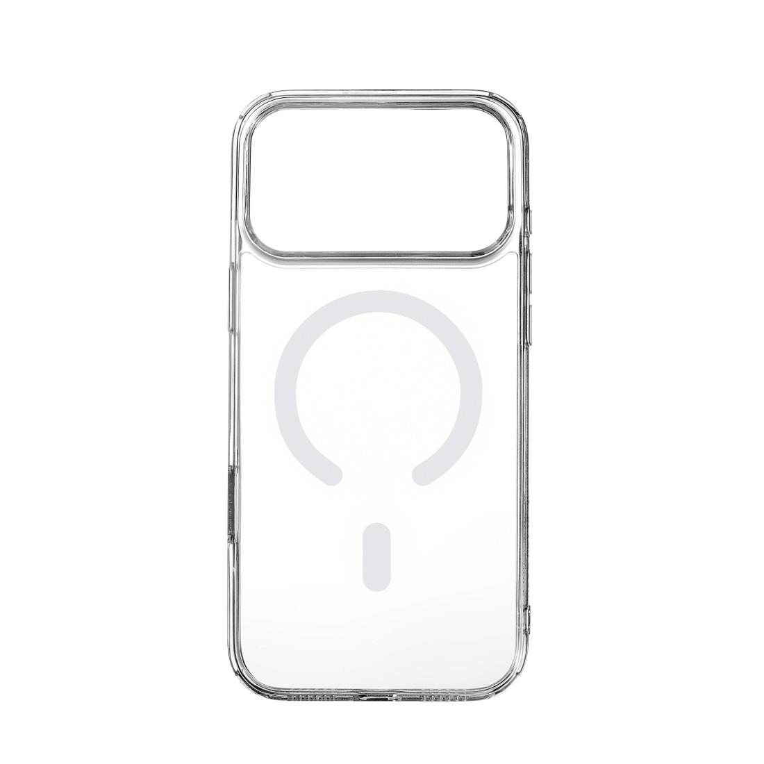 Transparente Smartphone-Hülle mit einem runden magnetischen Ladering und Kameraausschnitt auf weißem Hintergrund.