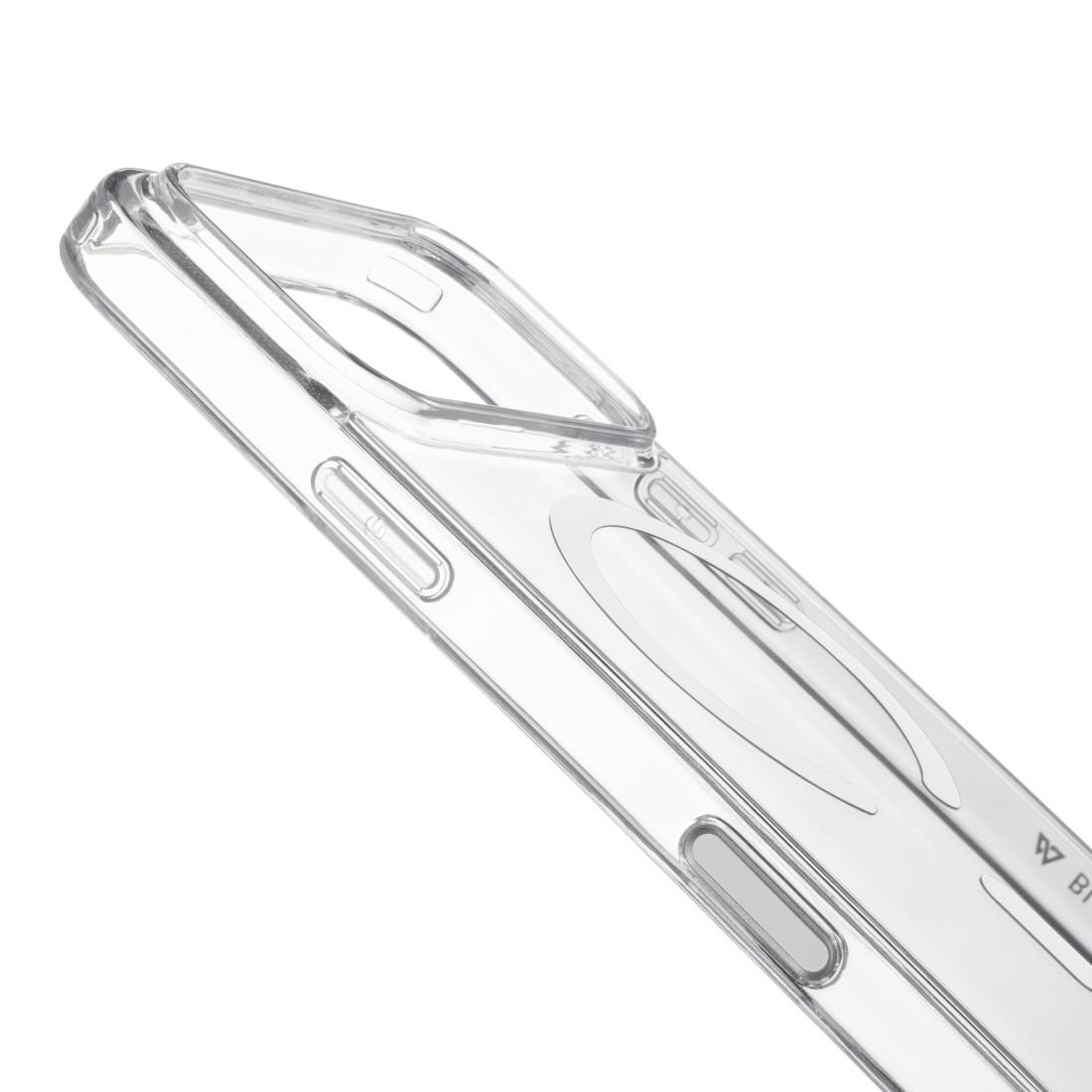 Eine klare, transparente Smartphone-Hülle aus Plastik vor weißem Hintergrund.
