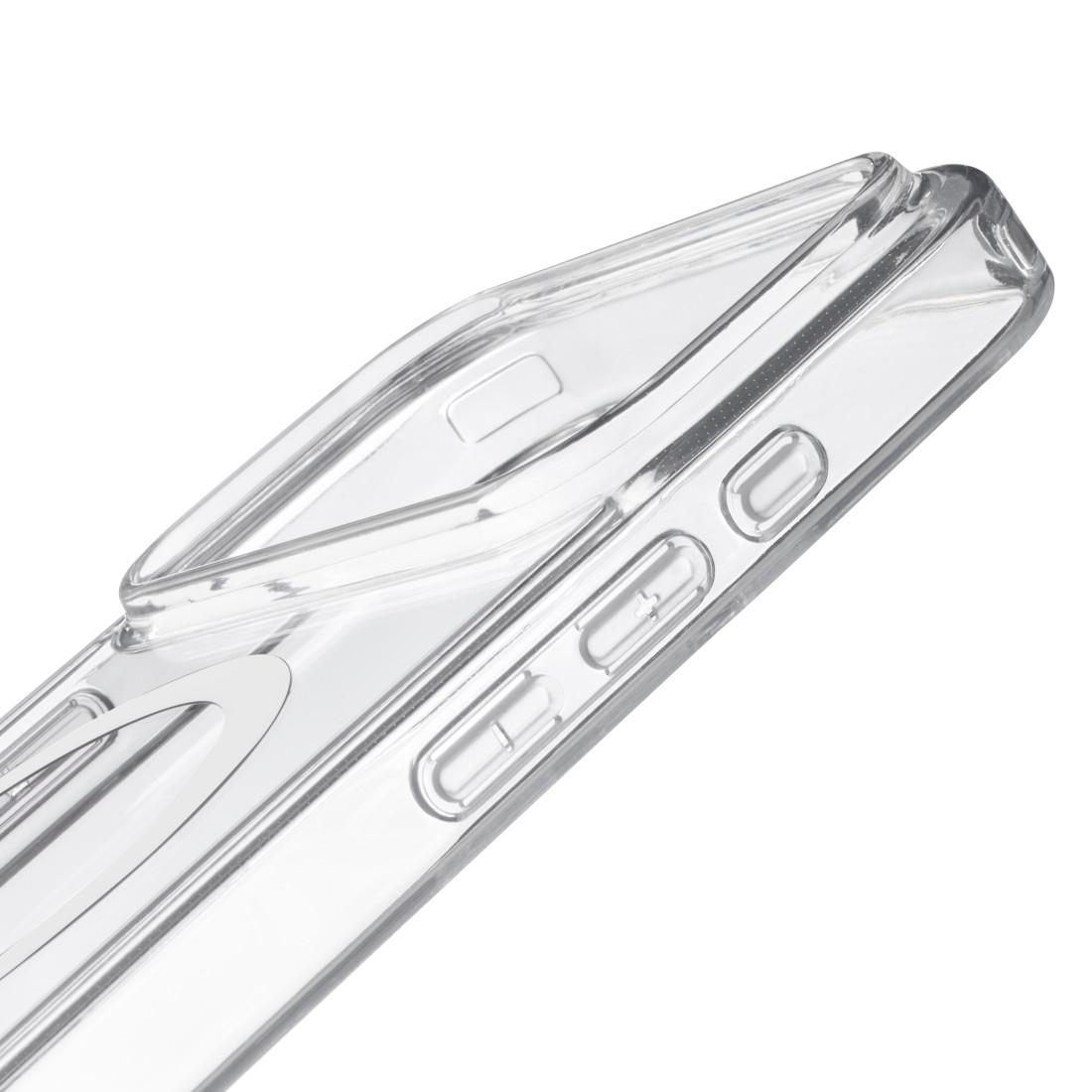 Nahaufnahme der Seite einer transparenten Smartphone-Hülle mit geformten Tasten und Kamera-Aussparung.