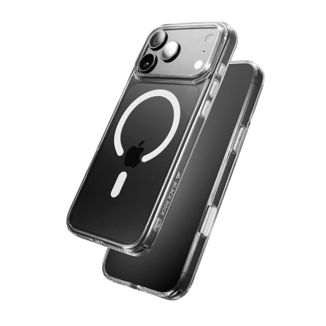 Ein schwarzes Smartphone mit einer transparenten MagSafe-Hülle schwebt vor weißem Hintergrund.