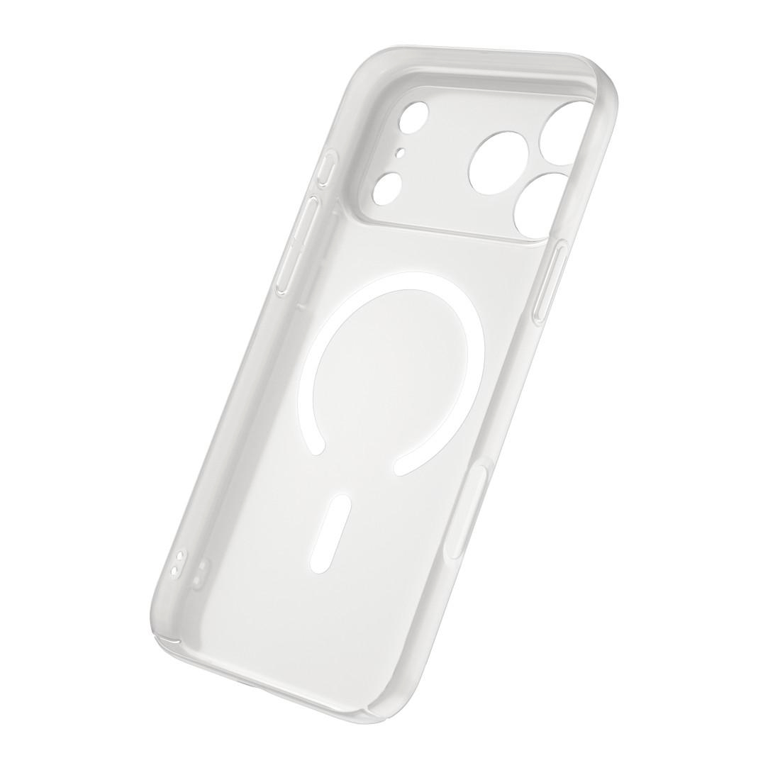 Transparente Handyhülle mit MagSafe-Ring auf weißem Hintergrund.