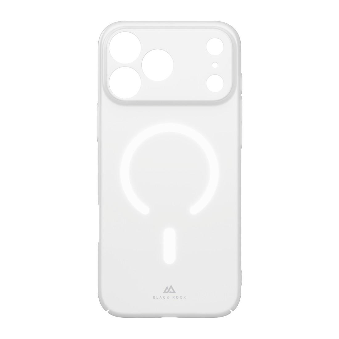 Eine weiße, durchsichtige Smartphone-Hülle mit Kameraausschnitt und MagSafe-Ring auf der Rückseite.