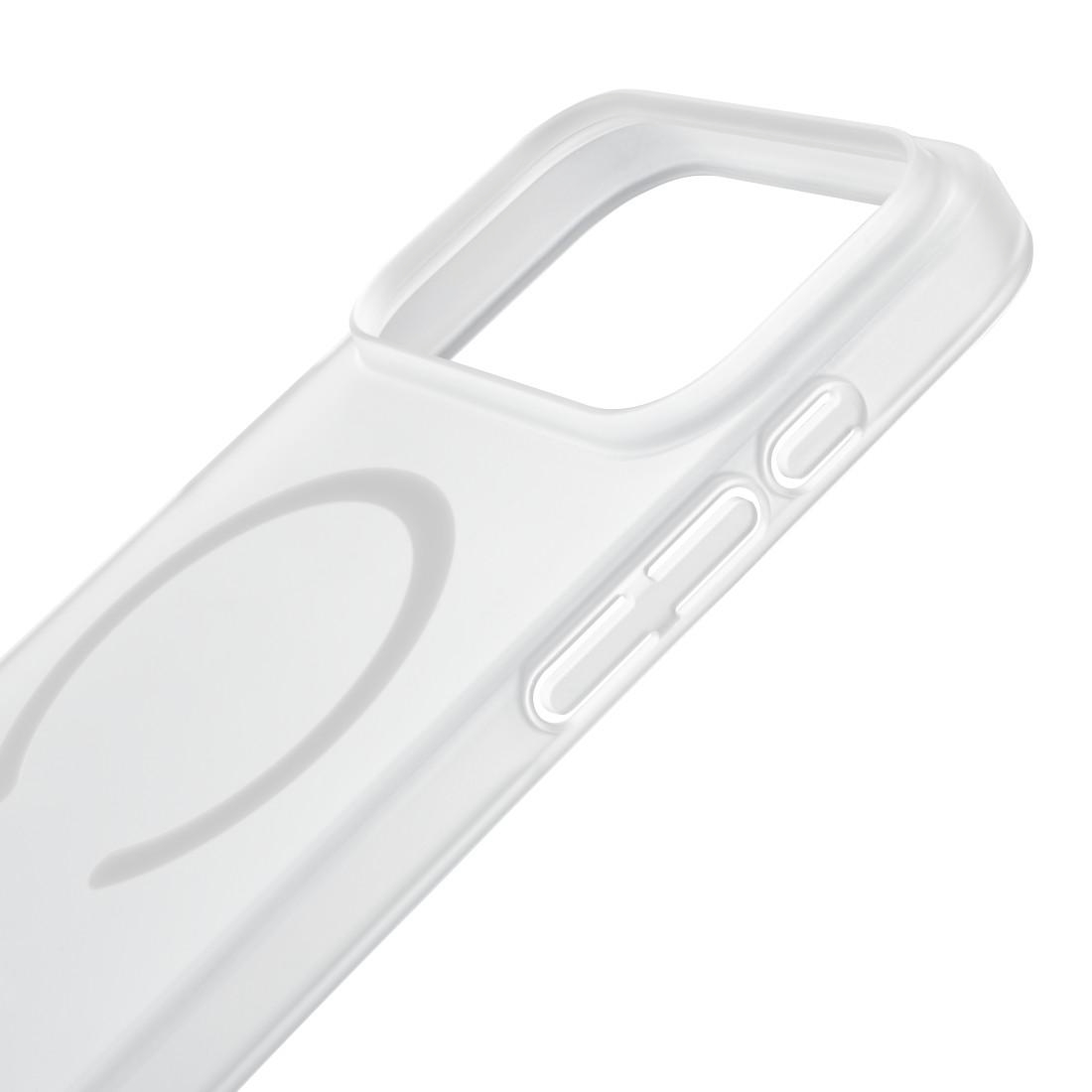 Nahaufnahme einer weißen Schutzhülle mit Kameraausschnitt, Seitentasten und MagSafe-Ringumriss.